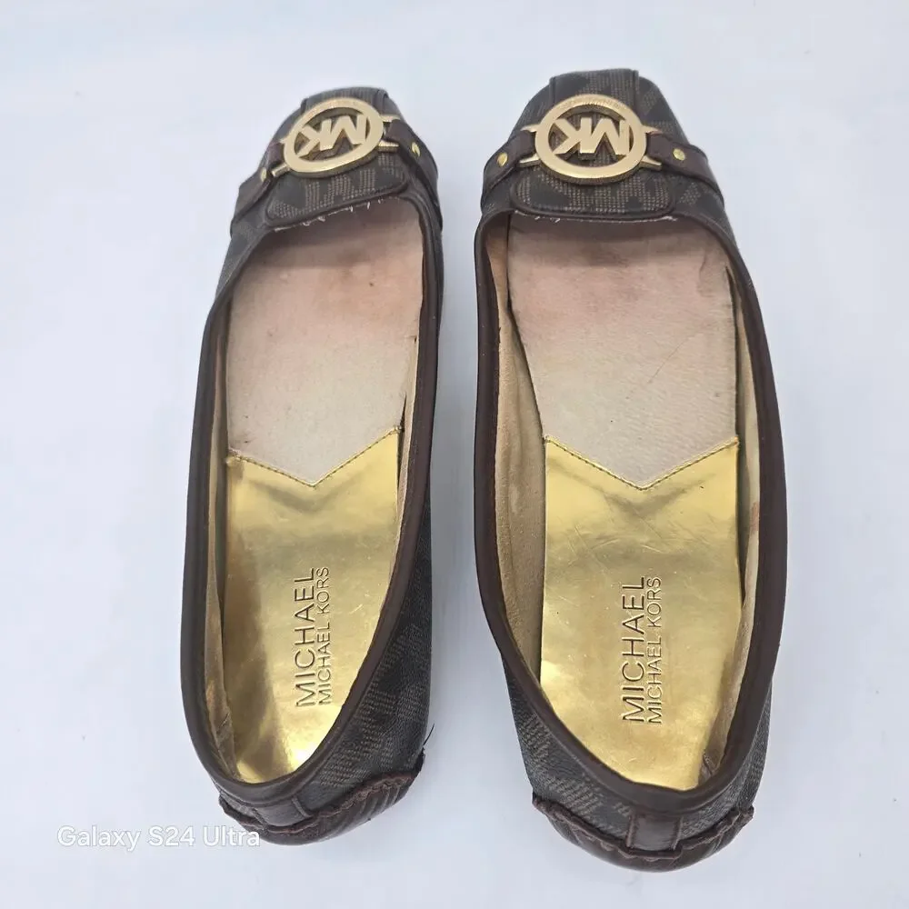 Michael Kors Logo Flats Brown Canvas Monogram Moccasin Ballet Women's 9.5M
